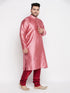 Vastramay Men's Plus Size Pink Woven Kurta And Maroon Pyjama Set
