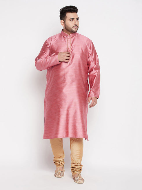 Vastramay Men's Plus Size Pink Woven Kurta And Rose Gold Pyjama Set