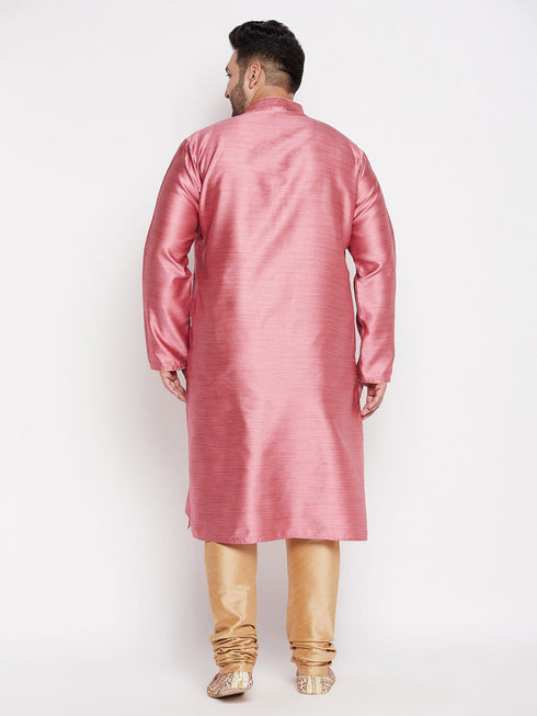 Vastramay Men's Plus Size Pink Woven Kurta And Rose Gold Pyjama Set