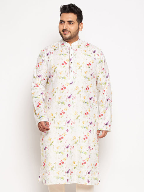 Vastramay Men's Plus Size Cream Cotton Blend Printed Kurta