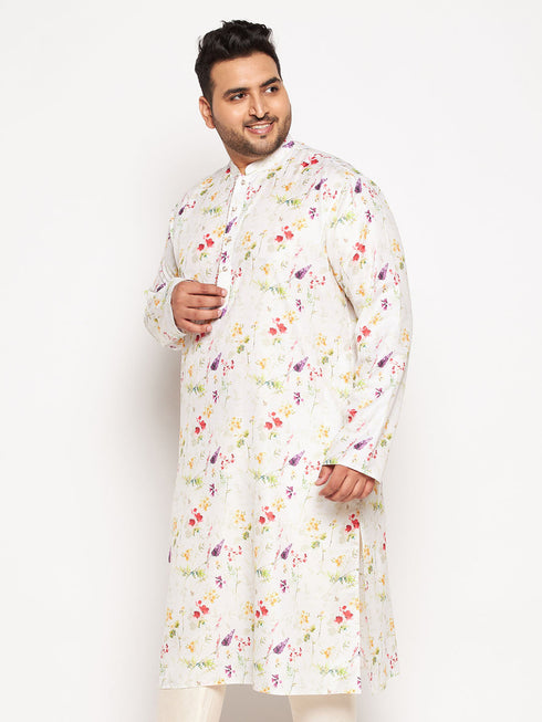 Vastramay Men's Plus Size Cream Cotton Blend Printed Kurta