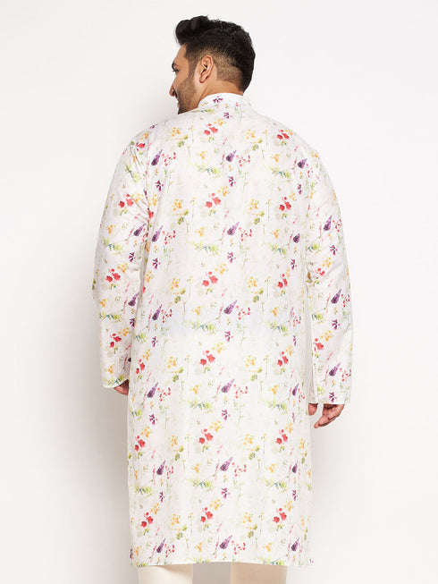 Vastramay Men's Plus Size Cream Cotton Blend Printed Kurta