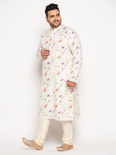 Vastramay Men's Plus Size Cream Cotton Blend Printed Kurta and Solid Pyjama Set