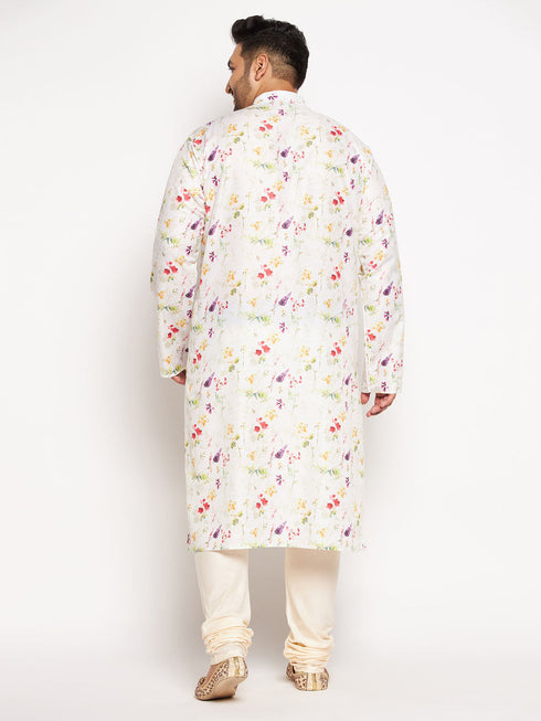 Vastramay Men's Plus Size Cream Cotton Blend Printed Kurta and Solid Pyjama Set