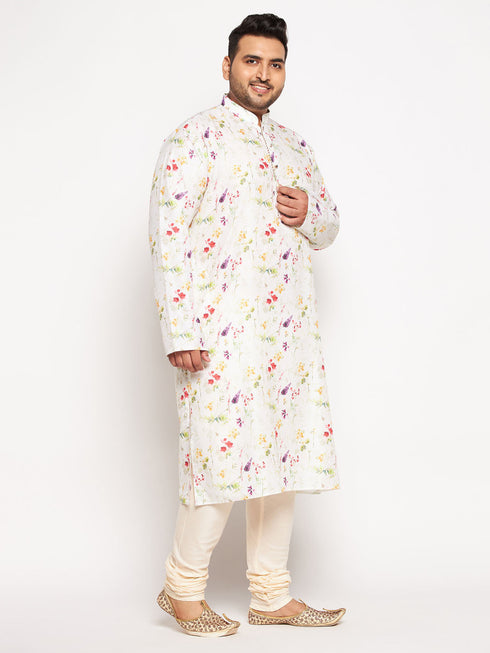 Vastramay Men's Plus Size Cream Cotton Blend Printed Kurta and Solid Pyjama Set