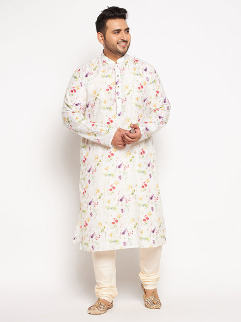 Vastramay Men's Plus Size Cream Cotton Blend Printed Kurta and Solid Pyjama Set