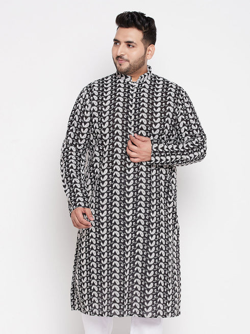 Vastramay Men's Plus Size Black Chikankari Embroidered Kurta