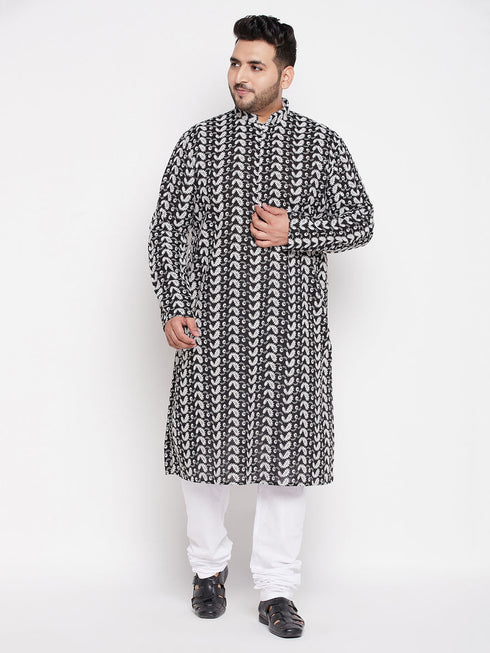 Vastramay Men's Plus Size Black Chikankari Embroidered Kurta
