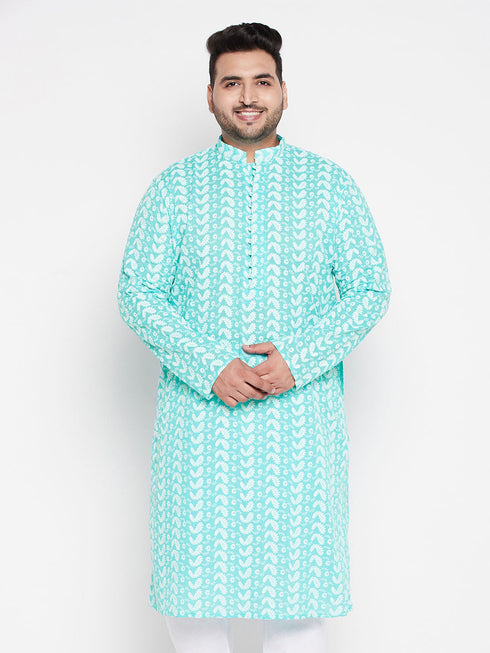 Vastramay Men's Plus Size Green Chikankari Embroidered Kurta