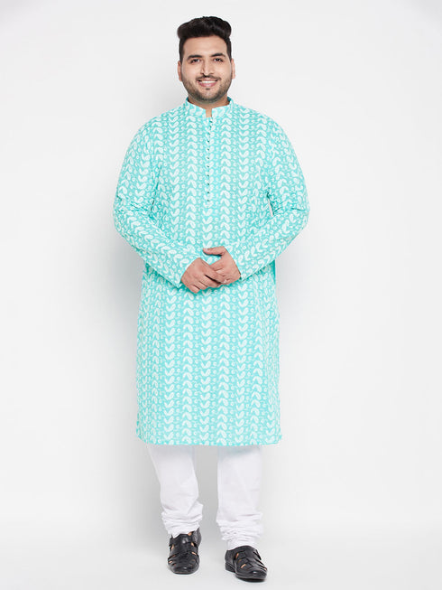Vastramay Men's Plus Size Green Chikankari Embroidered Kurta