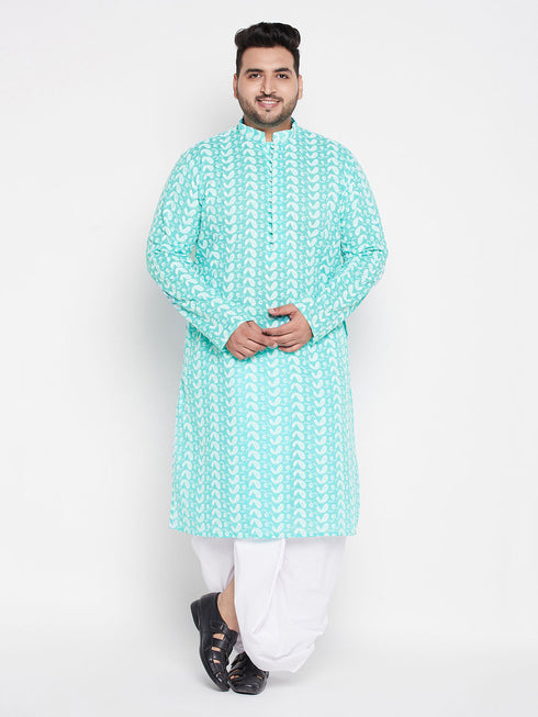 Vastramay Men's Plus Size Green Chikankari Embroidered Kurta And White Dhoti Set