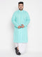 Vastramay Men's Plus Size Green Chikankari Embroidered Kurta And White Dhoti Set