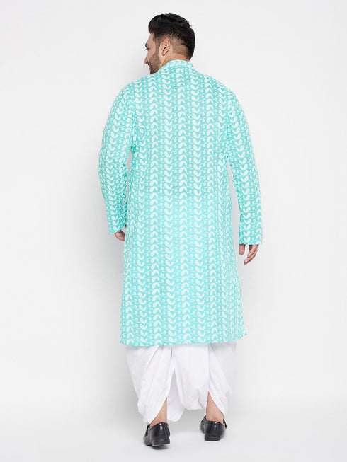 Vastramay Men's Plus Size Green Chikankari Embroidered Kurta And White Dhoti Set