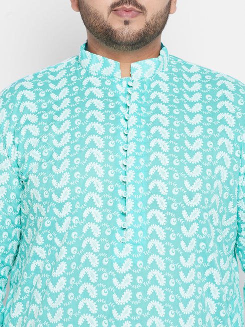 Vastramay Men's Plus Size Green Chikankari Embroidered Kurta And White Dhoti Set