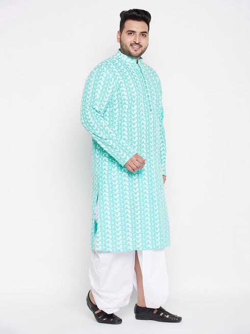 Vastramay Men's Plus Size Green Chikankari Embroidered Kurta And White Dhoti Set