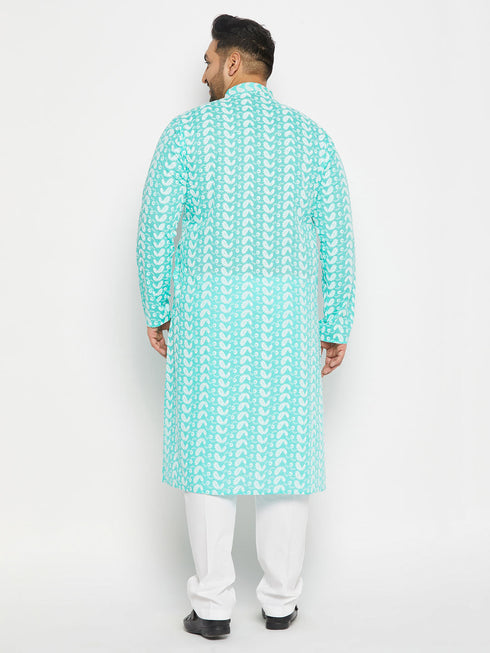 Vastramay Men's Plus Size Green Chikankari Embroidered Kurta And White Cotton Pant Style Pyjama Set