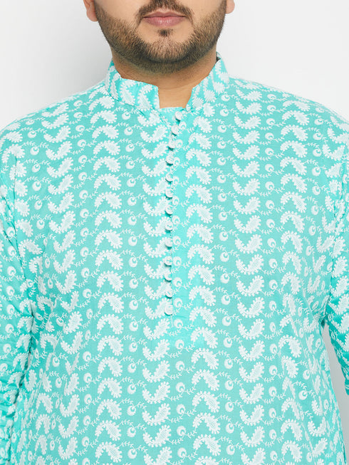 Vastramay Men's Plus Size Green Chikankari Embroidered Kurta And White Cotton Pant Style Pyjama Set