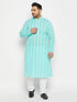 Vastramay Men's Plus Size Green Chikankari Embroidered Kurta And White Cotton Pant Style Pyjama Set