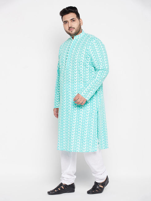 Vastramay Men's Plus Size Green Chikankari Embroidered Kurta And White Pyjama Set