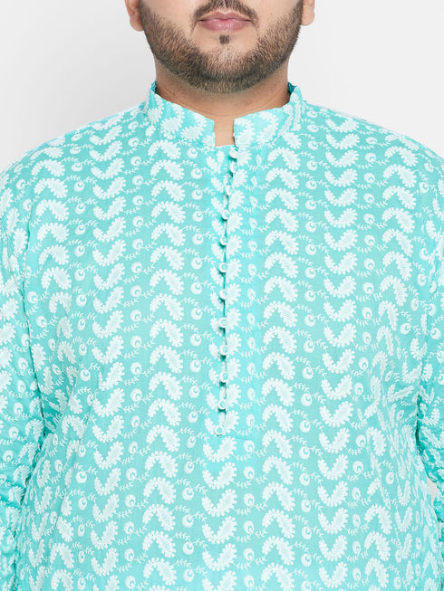 Vastramay Men's Plus Size Green Chikankari Embroidered Kurta And White Pyjama Set