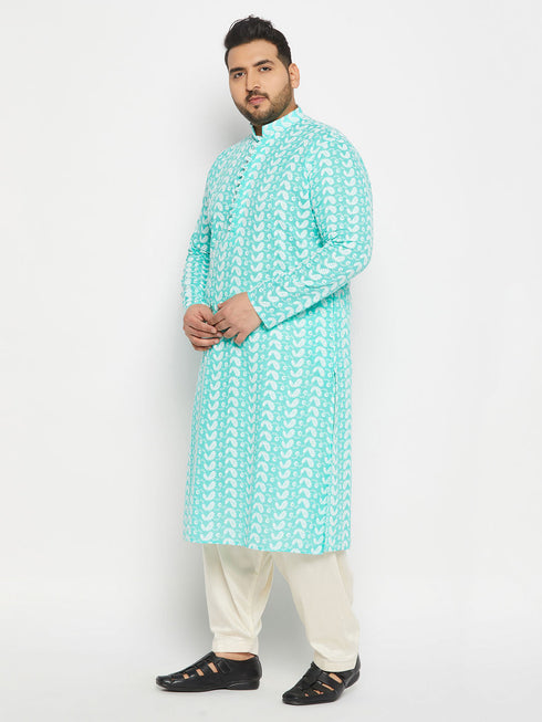 Vastramay Men's Plus Size Green Chikankari Embroidered Kurta And Cream Patiala Set