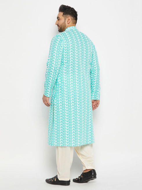 Vastramay Men's Plus Size Green Chikankari Embroidered Kurta And Cream Patiala Set
