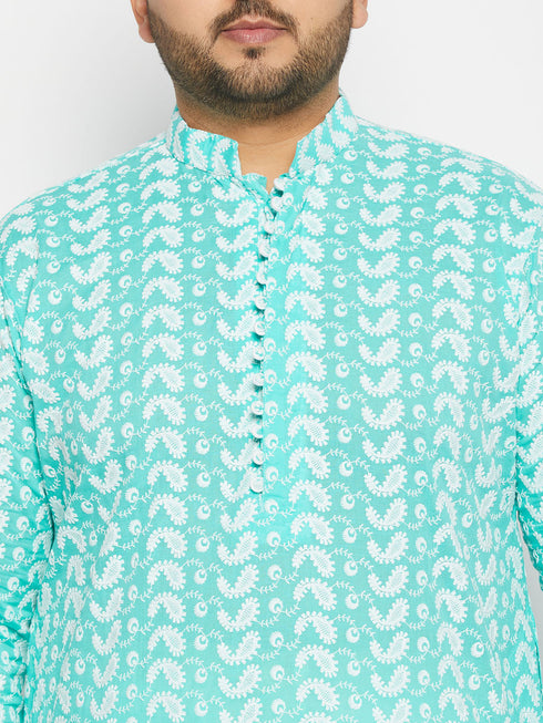 Vastramay Men's Plus Size Green Chikankari Embroidered Kurta And Cream Patiala Set