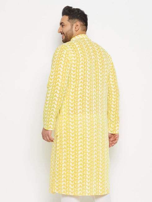 Vastramay Men's Plus Size Mustard Chikankari Embroidered Kurta