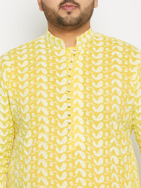 Vastramay Men's Plus Size Mustard Chikankari Embroidered Kurta