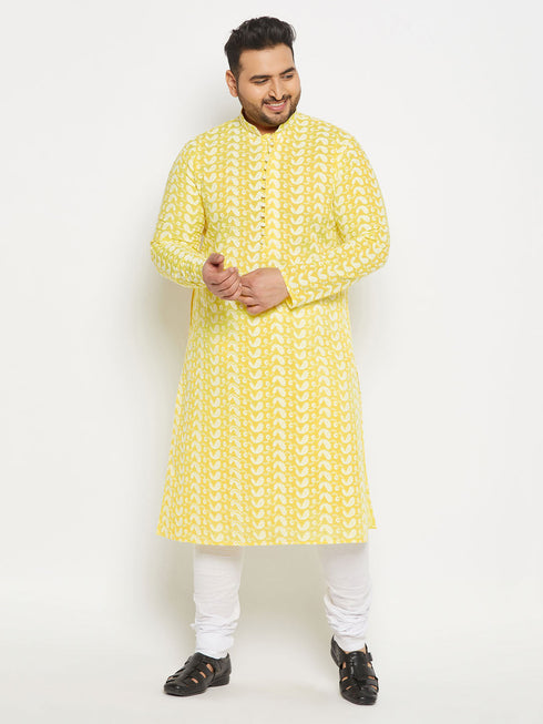 Vastramay Men's Plus Size Mustard Chikankari Embroidered Kurta