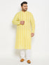 Vastramay Men's Plus Size Mustard Chikankari Embroidered Kurta And White Cotton Pant Style Pyjama Set