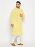 Vastramay Men's Plus Size Mustard Chikankari Embroidered Kurta And White Cotton Pant Style Pyjama Set