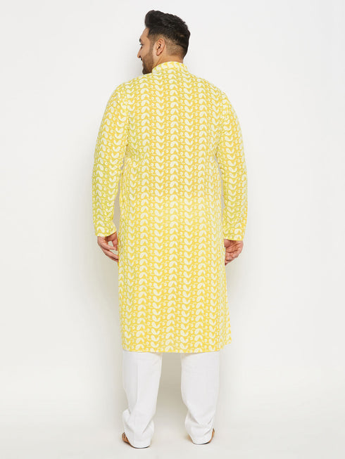 Vastramay Men's Plus Size Mustard Chikankari Embroidered Kurta And White Cotton Pant Style Pyjama Set