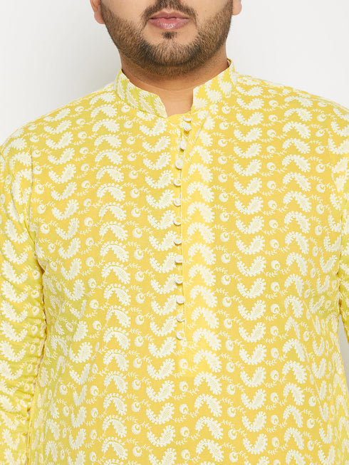 Vastramay Men's Plus Size Mustard Chikankari Embroidered Kurta And White Cotton Pant Style Pyjama Set