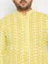 Vastramay Men's Plus Size Mustard Chikankari Embroidered Kurta And White Cotton Pant Style Pyjama Set