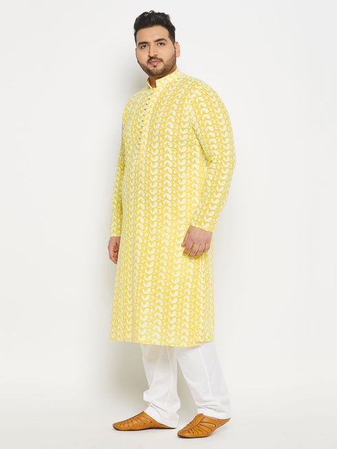 Vastramay Men's Plus Size Mustard Chikankari Embroidered Kurta And White Cotton Pant Style Pyjama Set