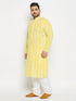 Vastramay Men's Plus Size Mustard Chikankari Embroidered Kurta And White Cotton Pant Style Pyjama Set