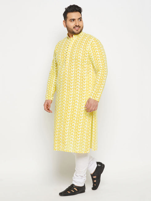 Vastramay Men's Plus Size Mustard Chikankari Embroidered Kurta And White Pyjama Set