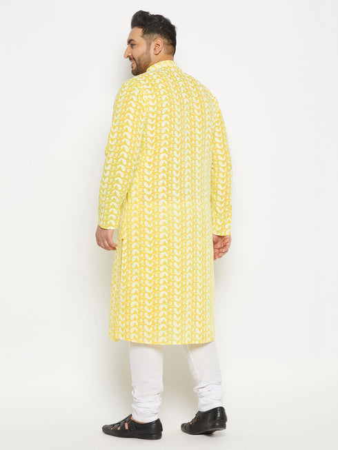 Vastramay Men's Plus Size Mustard Chikankari Embroidered Kurta And White Pyjama Set