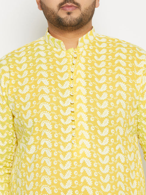 Vastramay Men's Plus Size Mustard Chikankari Embroidered Kurta And White Pyjama Set