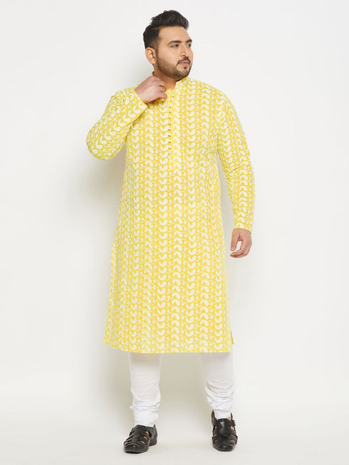 Vastramay Men's Plus Size Mustard Chikankari Embroidered Kurta And White Pyjama Set