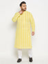 Vastramay Men's Plus Size Mustard Chikankari Embroidered Kurta And White Pyjama Set