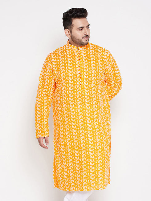 Vastramay Men's Plus Size Orange Chikankari Embroidered Kurta
