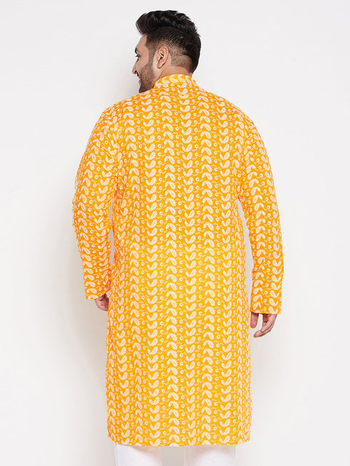 Vastramay Men's Plus Size Orange Chikankari Embroidered Kurta