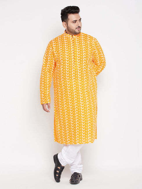Vastramay Men's Plus Size Orange Chikankari Embroidered Kurta