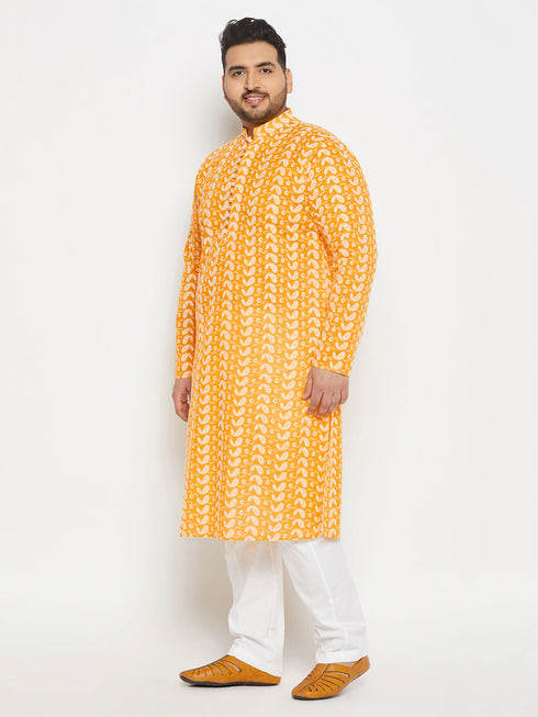 Vastramay Men's Plus Size Orange Chikankari Embroidered Kurta And White Cotton Pant Style Pyjama Set