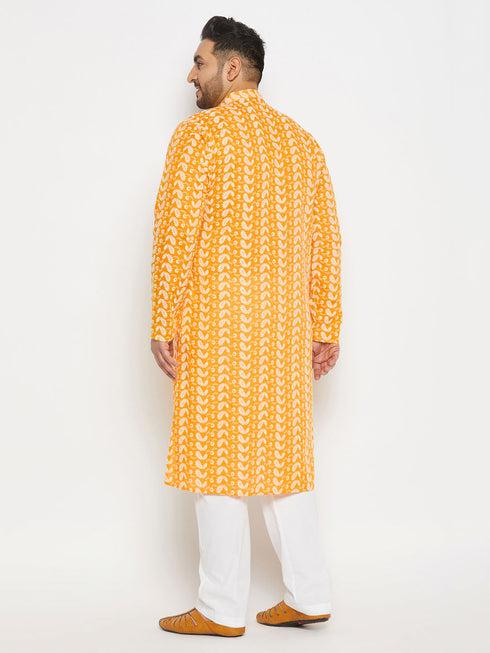 Vastramay Men's Plus Size Orange Chikankari Embroidered Kurta And White Cotton Pant Style Pyjama Set