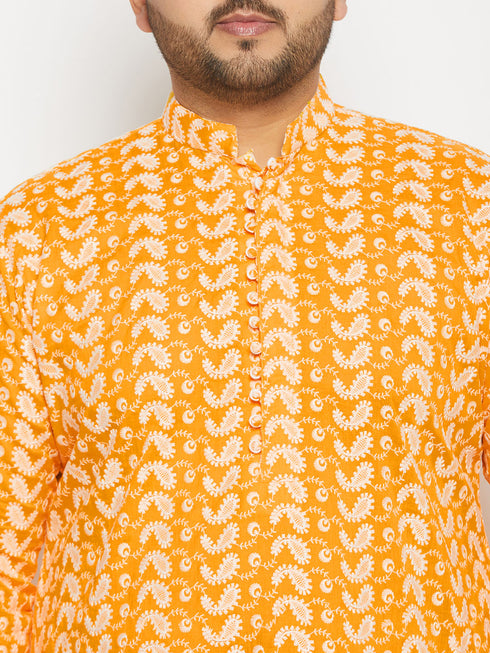 Vastramay Men's Plus Size Orange Chikankari Embroidered Kurta And White Cotton Pant Style Pyjama Set