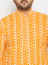 Vastramay Men's Plus Size Orange Chikankari Embroidered Kurta And White Cotton Pant Style Pyjama Set