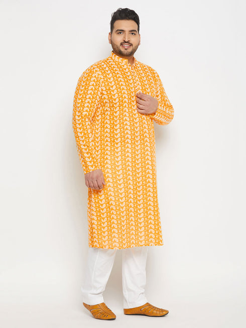 Vastramay Men's Plus Size Orange Chikankari Embroidered Kurta And White Cotton Pant Style Pyjama Set